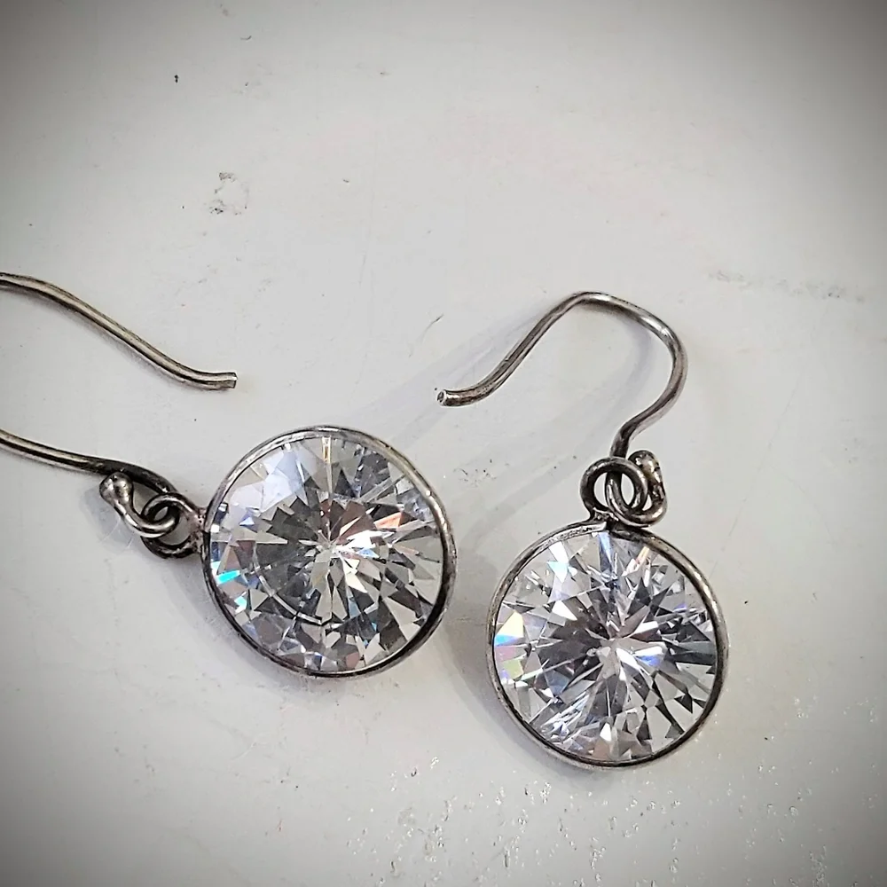 Sterling Silver Bezel Drop CZ Dangle Earrings - Picture 5 of 8